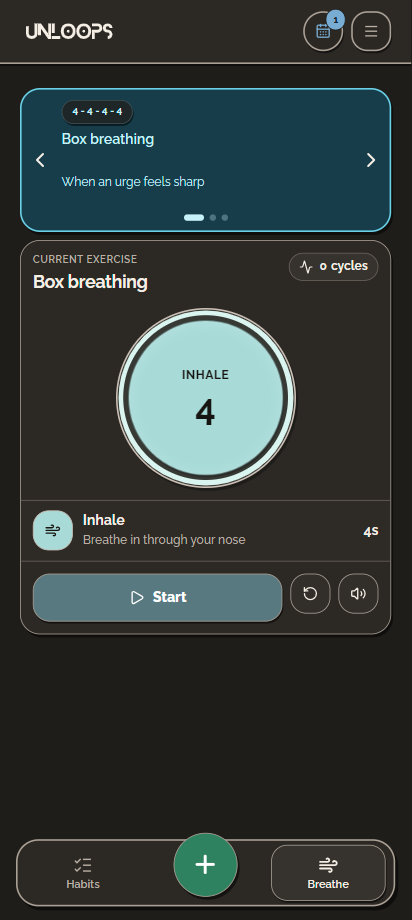 Box breathing screen with a visual inhale cue, four-second phase, and start, reset, and sound controls.
