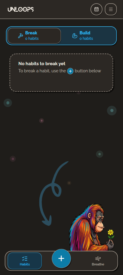 An empty Break tab with a prompt pointing to the add habit button.
