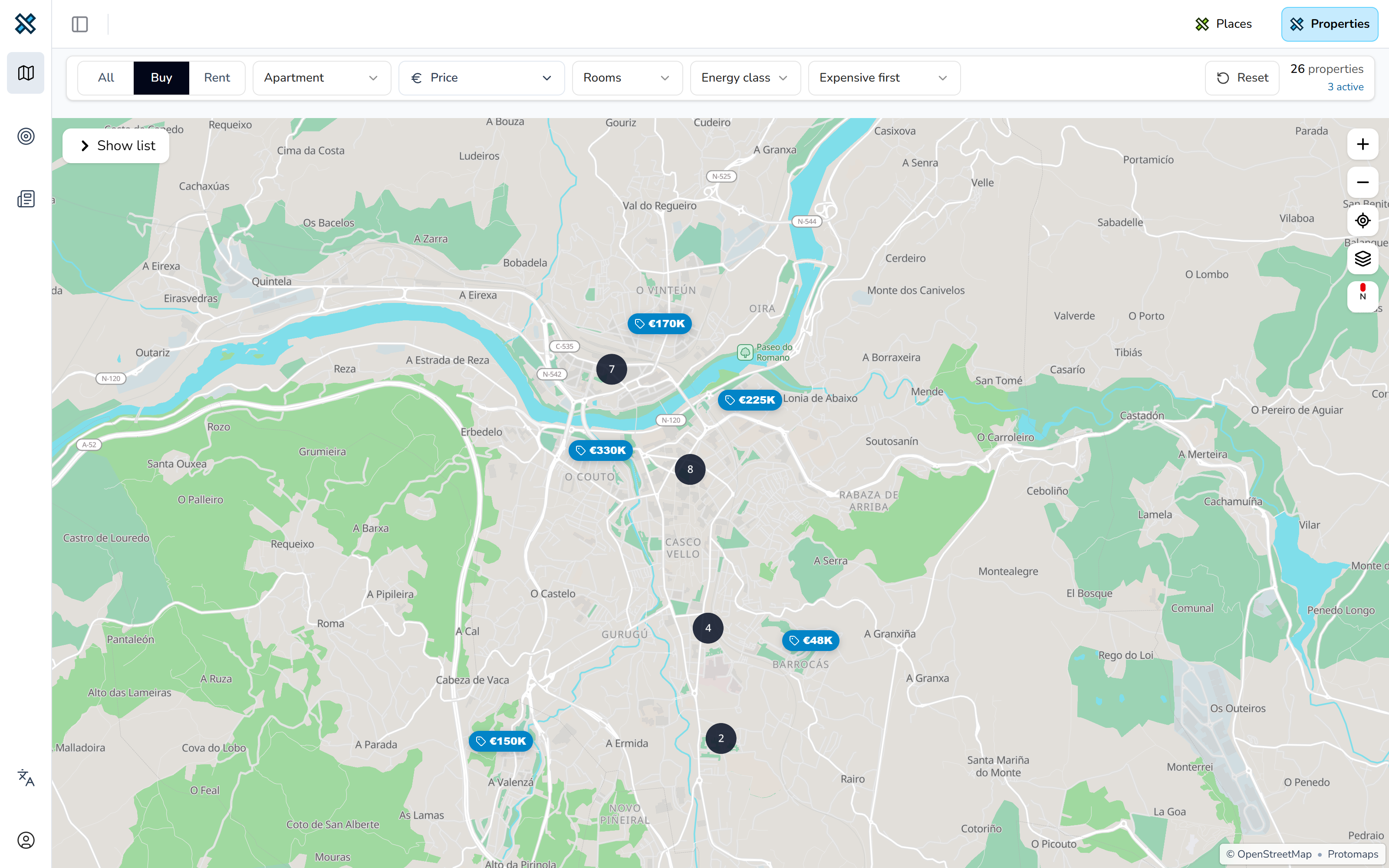Yaca Properties map of Ourense with property prices