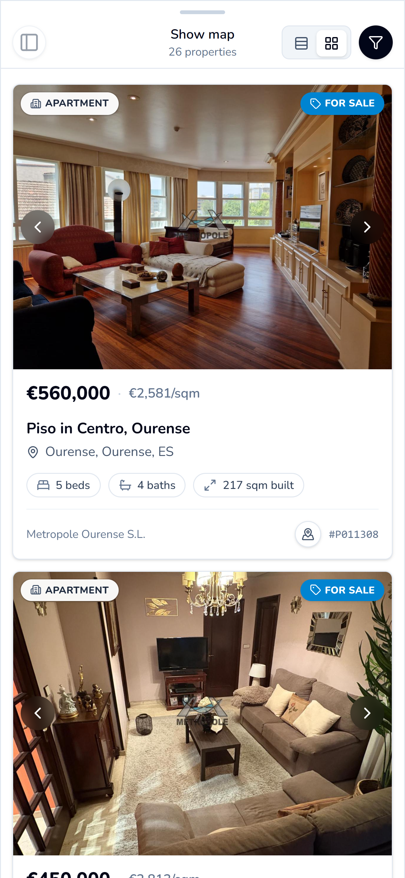 Yaca Properties mobile property cards with home photos, prices, and key features in Ourense