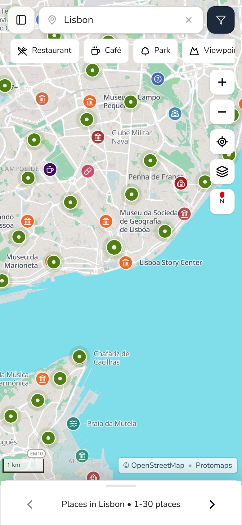 Yaca Places map of Lisbon with nearby place markers